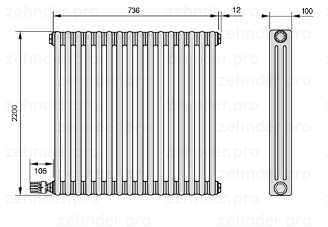 Схема (чертеж) Радиатор Zehnder Charleston 3220/16 №V003 Белый глянцевый RAL 9016